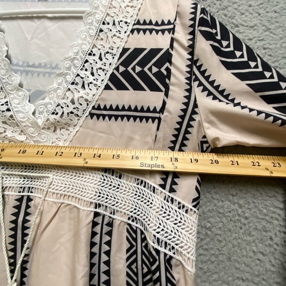 Womens Dress Large Pink Black Striped Smocked 3/4 Sleeve Lace - Picture 3 of 8